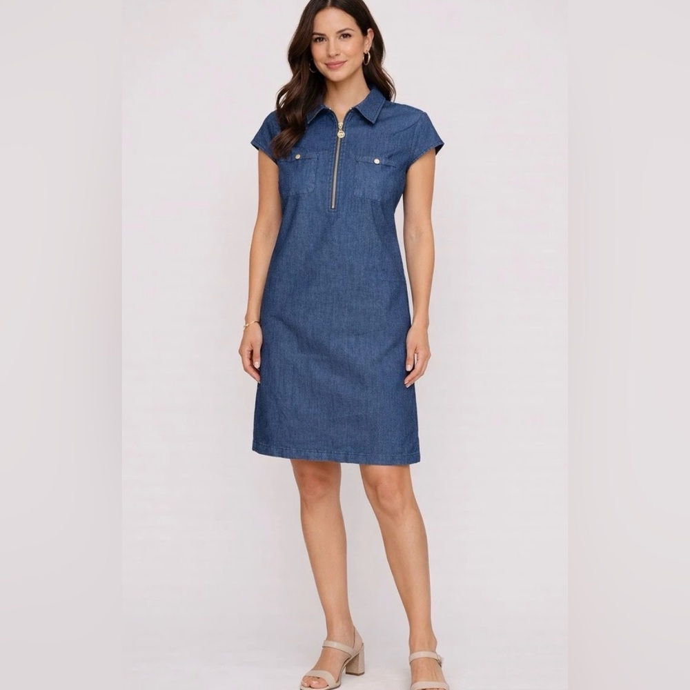 Anne Klein Indigo Denim Zip-Front Midi Dress SZ 12